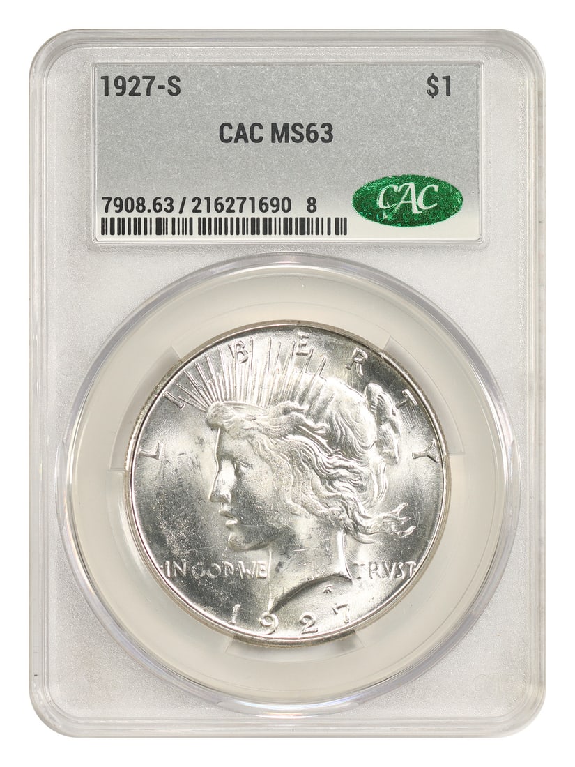 CACG MS63 1927-S Peace Dollar $1 San Francisco Mint: CACG MS63 1927-S Peace Dollar $1 San Francisco Mint 1927-S Peace Dollar graded MS63 by CACG. This uncirculated $1 coin was struck in San Francisco and is identified as a lower-mintage issue of just 86