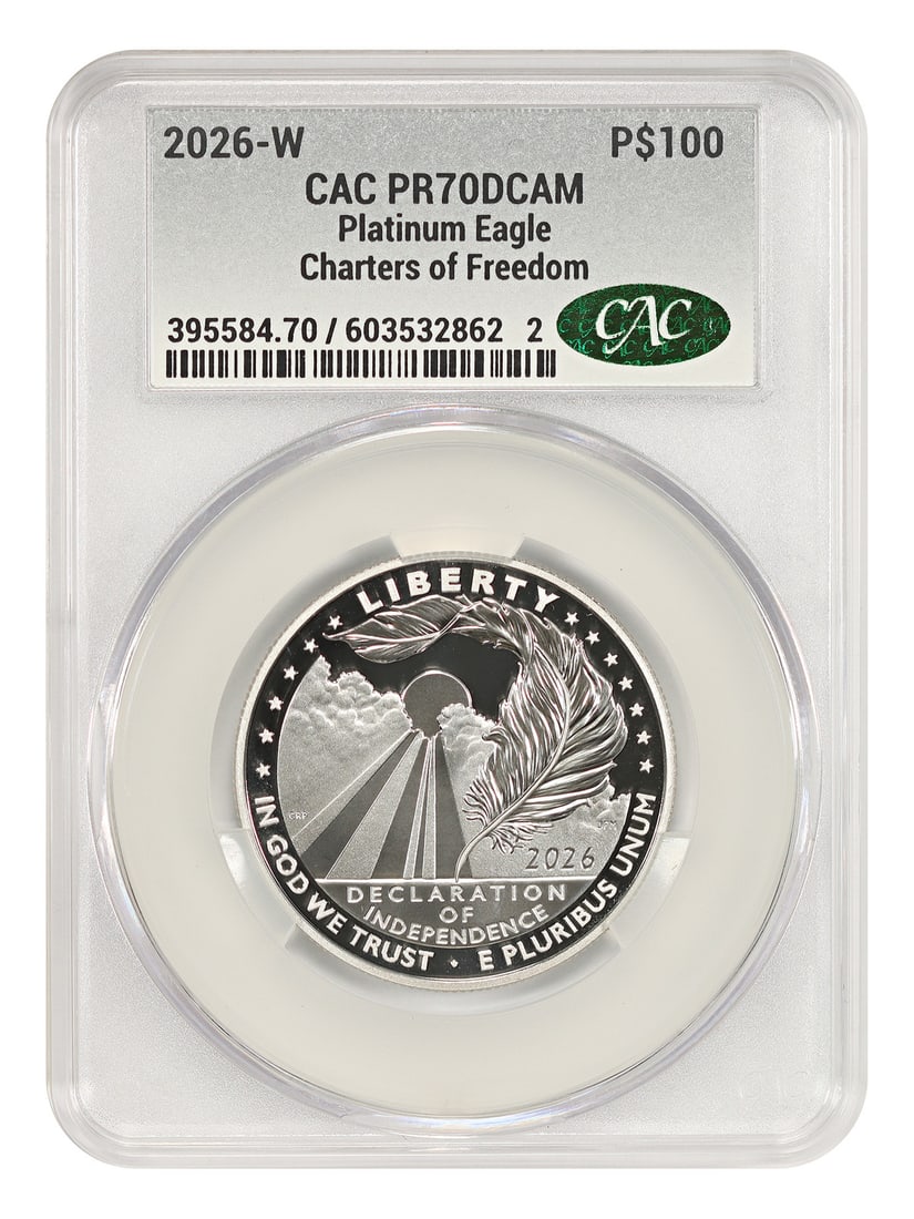 2026-W $100 Platinum Eagles Declaration of Independence CACG PR70DCAM: 2026-W $100 Platinum Eagles Declaration of Independence CACG PR70DCAM 2026-W $100 Declaration of Independence Platinum Eagle graded PR70DCAM by CACG. This uncirculated West Point issue is part of the 