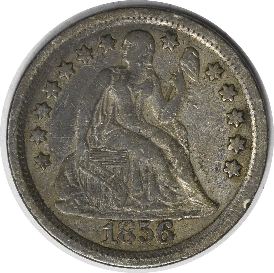 1856 Liberty Seated Silver Dime VF Uncertified Philadelphia Mint: 1856 Liberty Seated Silver Dime VF Uncertified Philadelphia Mint This 1856 Liberty Seated Silver Dime is a remarkable collectible for numismatists. The coin, featuring the iconic Seated Liberty design