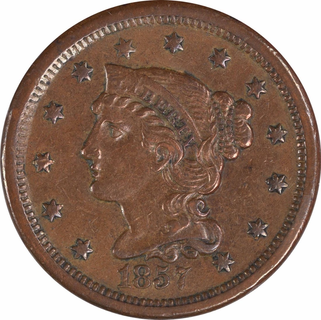 1857 Large Cent Small Date AU Copper Braided Hair Coin: 1857 Large Cent Small Date AU Copper Braided Hair Coin This 1857 Large Cent features a Small Date and is graded as About Uncirculated (AU). Minted in Philadelphia, this coin showcases the Braided Hair
