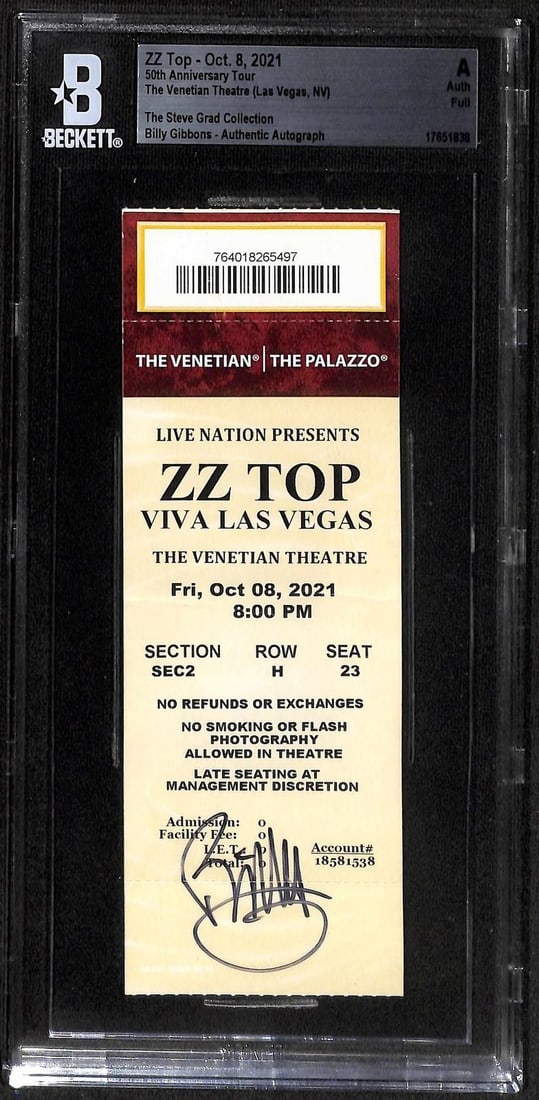 Beckett Slabbed ZZ Top Tour Ticket Signed by Billy Gibbons (1 of 1)