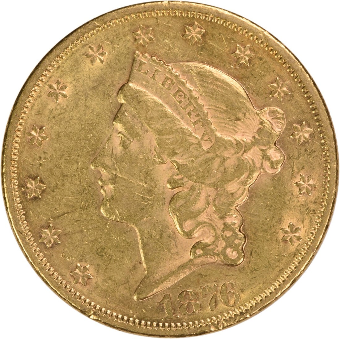 1876 Philadelphia $20 Liberty Head Gold Coin AU Uncertified: 1876 Philadelphia $20 Liberty Head Gold Coin AU Uncertified This 1876 $20 Gold Liberty Head coin was minted in Philadelphia and features the design by James Barton Longacre. Composed of 90% gold and 1