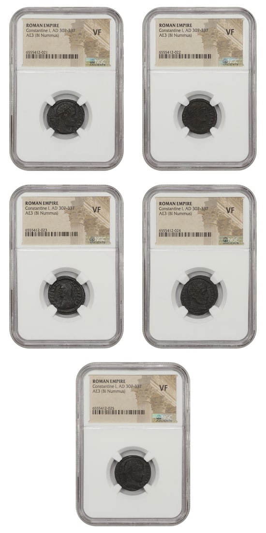 Lot of 5 Roman AE3 Coins AD 307-337 NGC VF Constantine I: Lot of 5 Roman AE3 Coins AD 307-337 NGC VF Constantine I This lot features five coins from the Roman Empire, specifically from the reign of Constantine I (AD 307-337). Each coin is graded as VF (Very 