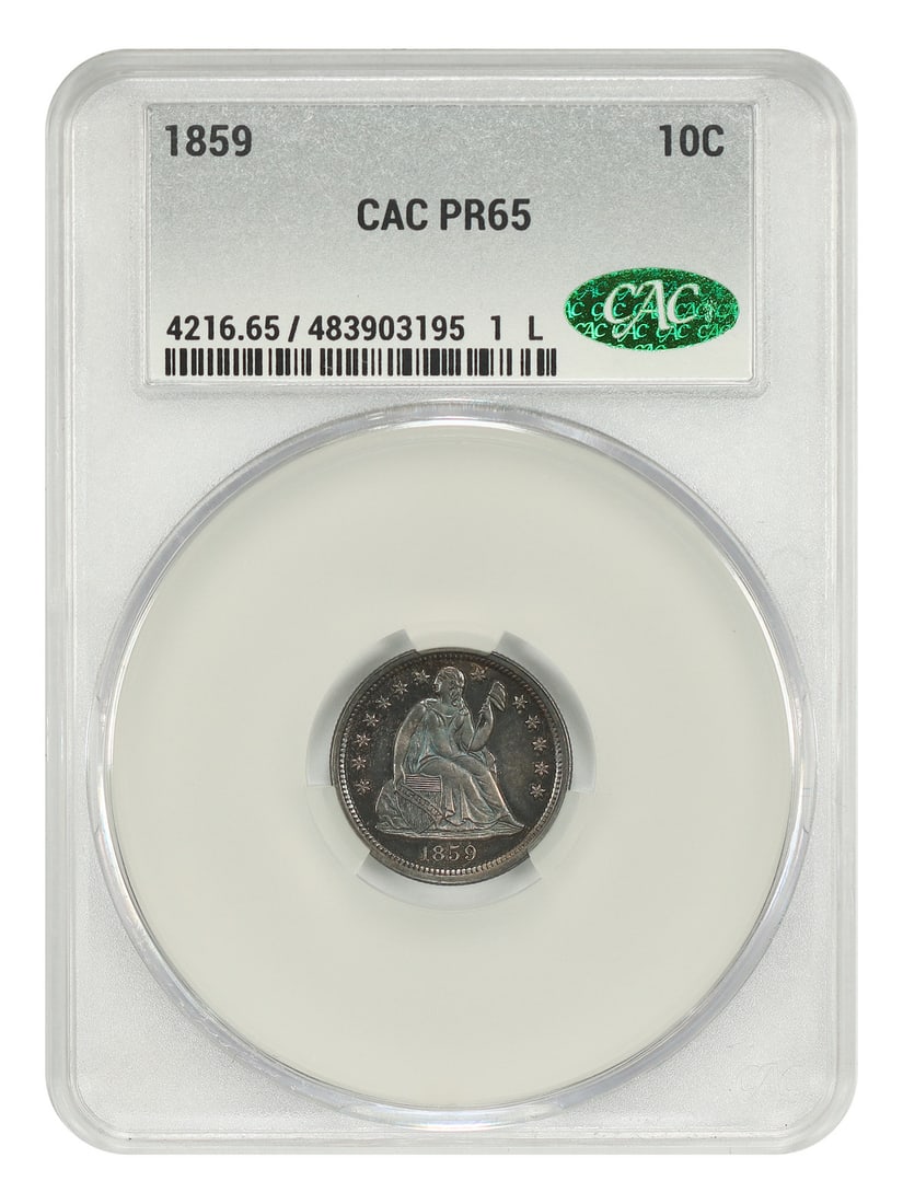 1859 Liberty Seated Dime 10C PR65 CACG Stars Obverse Proof: 1859 Liberty Seated Dime 10C PR65 CACG Stars Obverse Proof 1859 Liberty Seated Dime, a scarce stars-obverse proof issue from Philadelphia. This uncirculated coin is certified by CACG and graded PR65, 