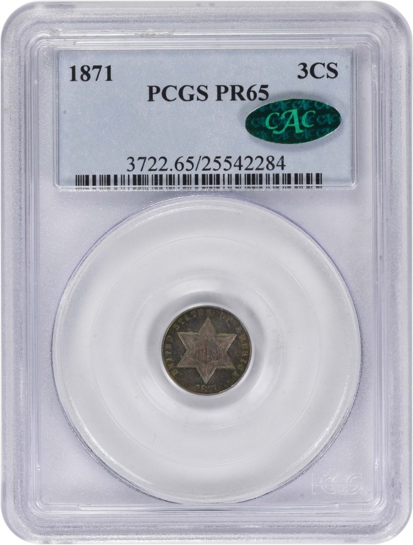 1871 Proof Three Cent Coin PR65 by PCGS CAC Certified: 1871 Proof Three Cent Coin PR65 by PCGS CAC Certified This 1871 Three Cent coin is a proof strike graded PR65 by PCGS and certified by CAC. Minted in Philadelphia, it features a composition of 90% sil