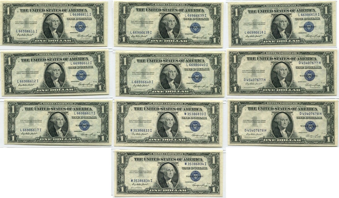 10 uncirculated 1935E $1 Silver Certificates 5 sequential pairs: 10 uncirculated 1935E $1 Silver Certificates 5 sequential pairs This lot includes ten uncirculated 1935E $1 Silver Certificate notes from the United States. The set is comprised of five matched pairs 