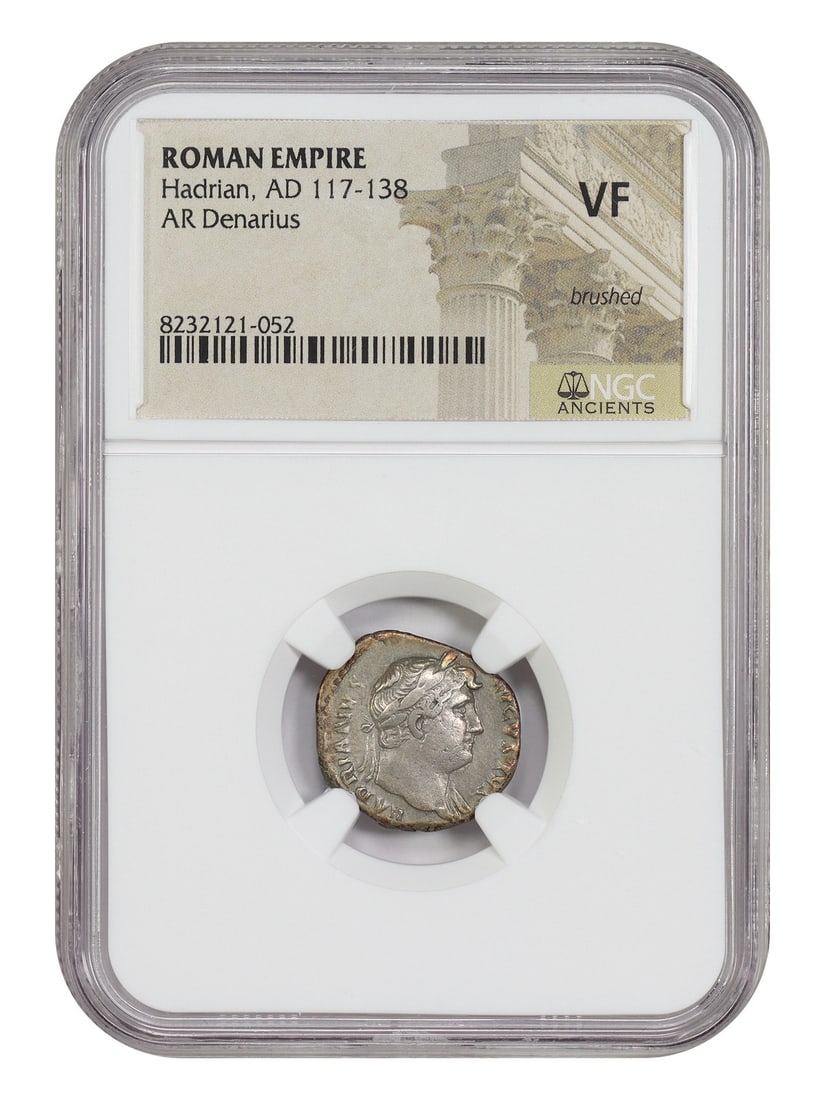 NGC VF Hadrian AD 117-138 Ancient Roman AR Denarius Brushed: NGC VF Hadrian AD 117-138 Ancient Roman AR Denarius Brushed Ancient Roman AR denarius of Hadrian (AD 117-138), certified by NGC and graded VF with a brushed surface. This pre-owned coin was minted dur