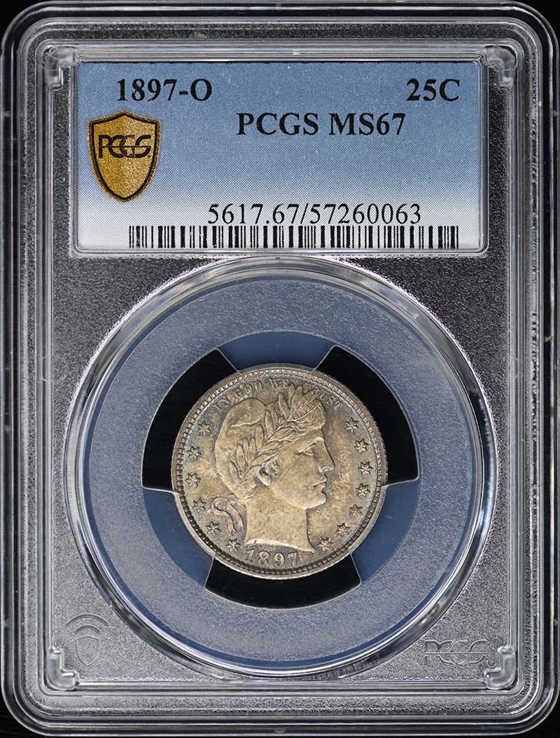 1897-O Barber Quarter PCGS MS67 Uncirculated New Orleans: 1897-O Barber Quarter PCGS MS67 Uncirculated New Orleans This 1897-O Barber Quarter is a stunning example of numismatic excellence, graded MS67 by PCGS, indicating an uncirculated condition with excep