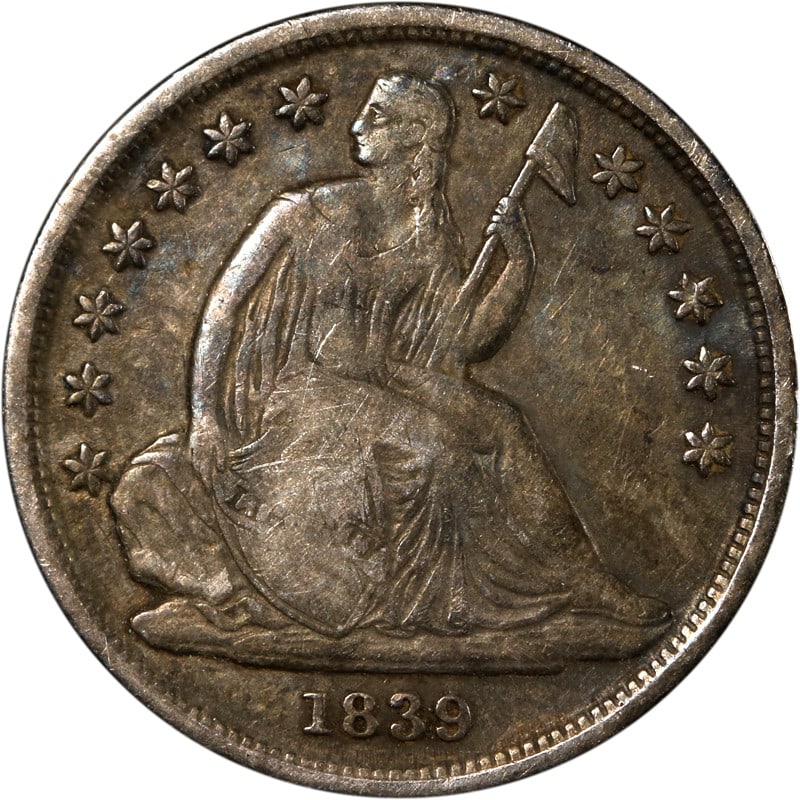 1839 Silver Dime Minted in New Orleans Seated Liberty Type: 1839 Silver Dime Minted in New Orleans Seated Liberty Type This is an 1839-O Seated Liberty Dime minted in New Orleans. The coin is composed of silver and is in circulated, pre-owned condition. It is 