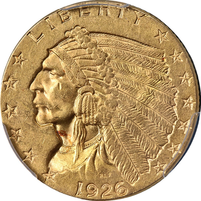 1926 $2.50 Indian Gold Coin PCGS MS62 Grade Uncirculated: 1926 $2.50 Indian Gold Coin PCGS MS62 Grade Uncirculated This is an original 1926 Indian Gold $2.50 coin, graded MS62 by PCGS. The coin is uncirculated and showcases attractive eye appeal with nice lu