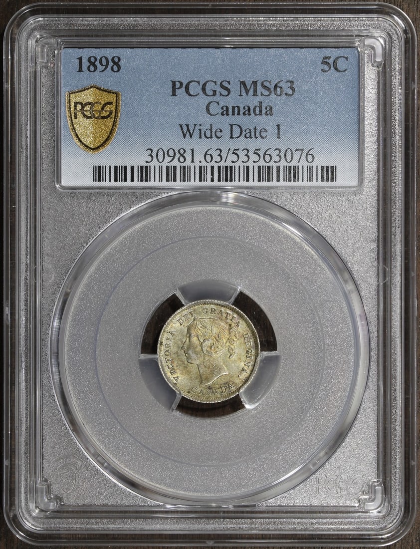Canada 1898 Silver 5 Cent PCGS MS63 Wide Date: Canada 1898 Silver 5 Cent PCGS MS63 Wide Date This 1898 Canada 5 cents coin is composed of 0.925 fine silver and has been graded MS63 by PCGS. It features the Wide Date variety and is in uncirculated 