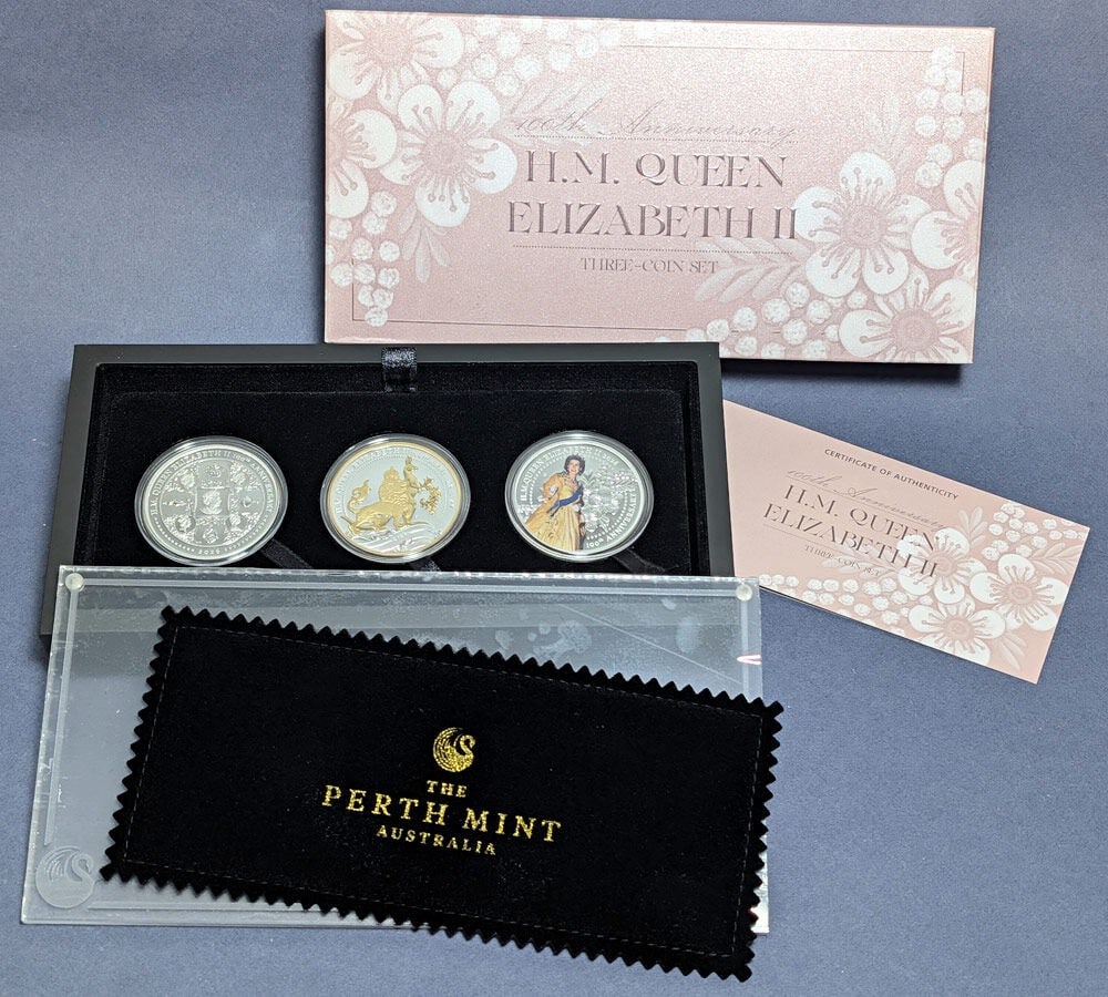 Australia 2026 Queen Elizabeth II 100th Anniversary 3 Coin Silver Dollar Set: Australia 2026 Queen Elizabeth II 100th Anniversary 3 Coin Silver Dollar Set This original 2026 Australia 3 x 1 oz Silver $1 Queen Elizabeth II 100th Anniversary Coin Set includes three uncirculated p