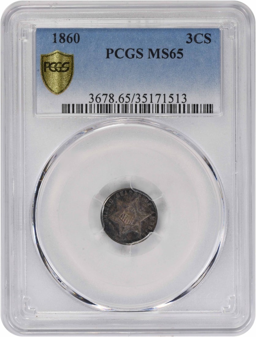 1860 Philadelphia Three Cent Silver Coin PCGS MS65 Certified: 1860 Philadelphia Three Cent Silver Coin PCGS MS65 Certified This 1860 Three Cent Silver coin, certified MS65 by PCGS, is an uncirculated example minted in Philadelphia. Designed by James Barton Longa