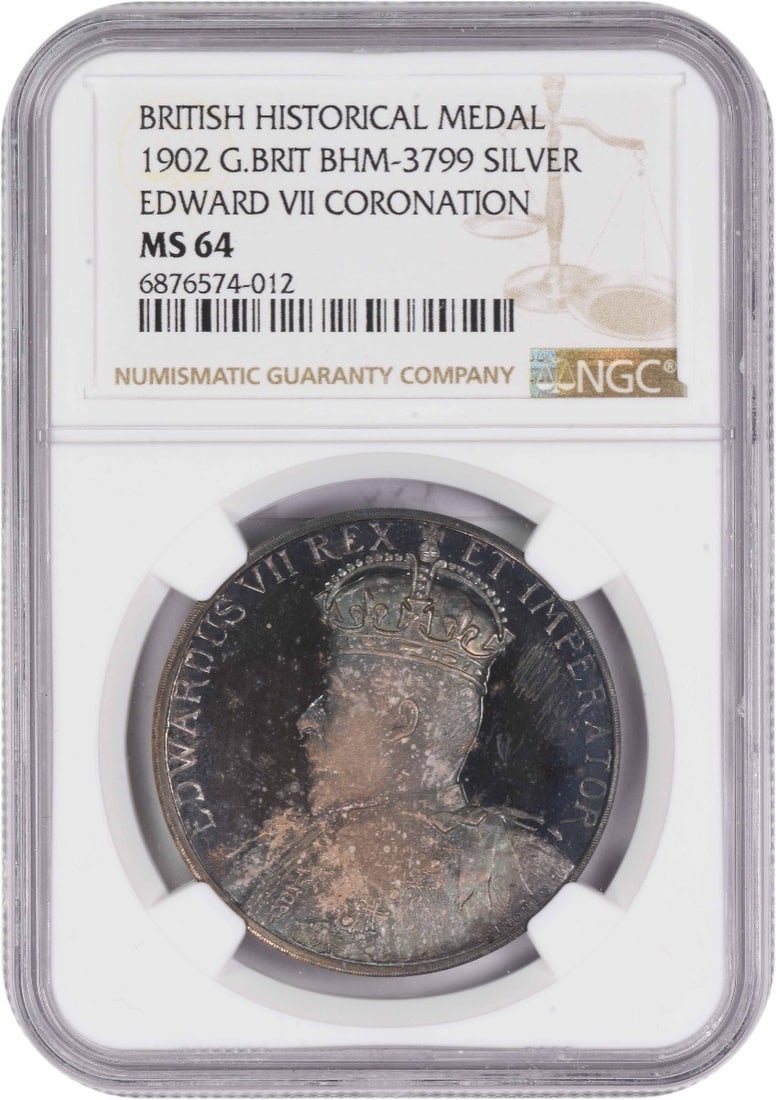Edward VII 1902 Silver Coronation Medal MS64 NGC Certified BHM-3799: Edward VII 1902 Silver Coronation Medal MS64 NGC Certified BHM-3799 This is a 1902 Great Britain silver medal commemorating the coronation of Edward VII, graded MS64 by NGC. The medal remains uncircul