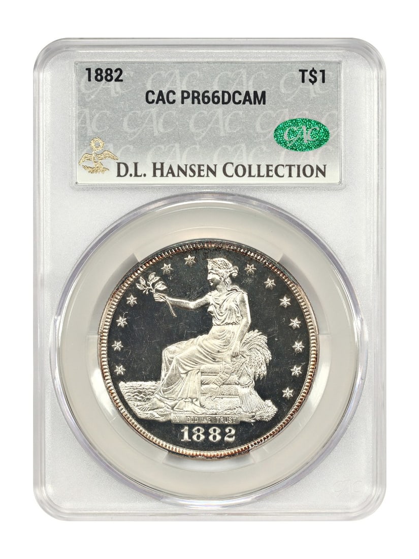 1882 CACG PR66DCAM Trade Dollar ex D.L. Hansen T$1: 1882 CACG PR66DCAM Trade Dollar ex D.L. Hansen T$1 An 1882 Trade Dollar certified by CACG as PR66DCAM, with certification number 780764615. This proof-only issue from the Philadelphia Mint is describe