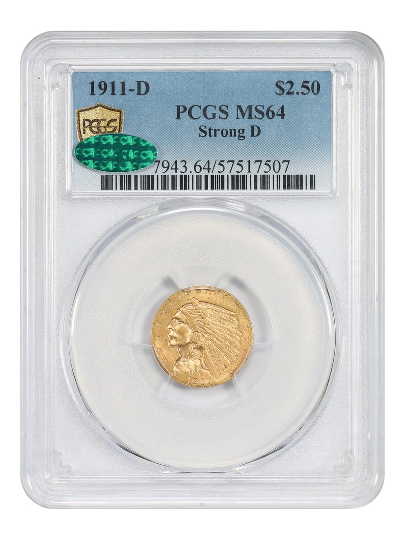1911 Denver Indian Head Quarter Eagle $2.50 PCGS CAC MS64 Strong D: 1911 Denver Indian Head Quarter Eagle $2.50 PCGS CAC MS64 Strong D 1911-D $2.50 Indian Head quarter eagle certified by PCGS and approved by CAC, graded MS64. This Denver issue is the key date to the s