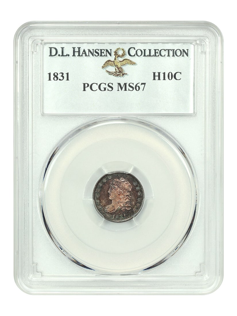 PCGS MS67 1831 Capped Bust Half Dime H10C ex D.L. Hansen: PCGS MS67 1831 Capped Bust Half Dime H10C ex D.L. Hansen An 1831 Capped Bust Half Dime graded PCGS MS67 and housed in a protective holder. The coin is described as an exciting gem and a condition rari