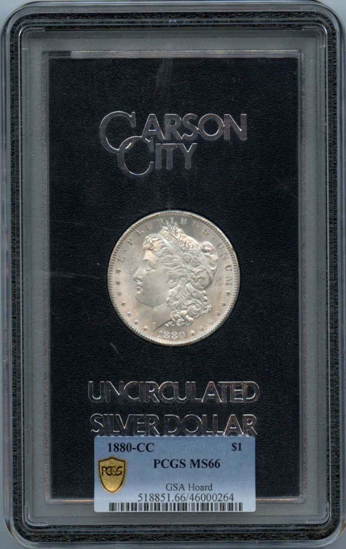1880 Carson City Morgan Silver Dollar GSA Hoard PCGS MS66: 1880 Carson City Morgan Silver Dollar GSA Hoard PCGS MS66 This is an 1880-CC Morgan Dollar from the GSA Hoard, certified by PCGS with a grade of MS66. Minted in Carson City, this uncirculated coin is 