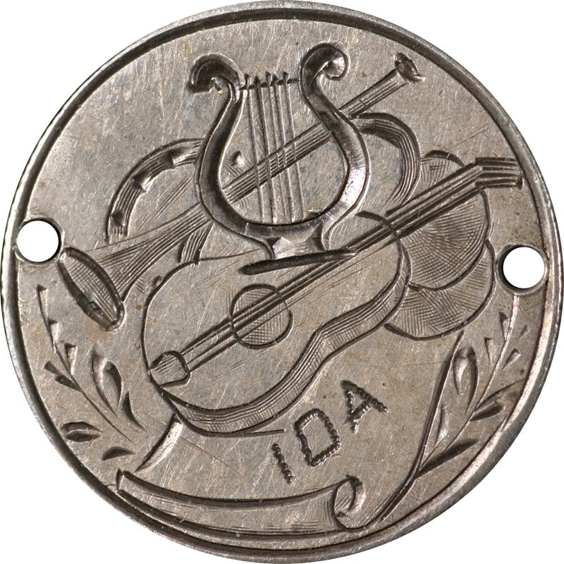 Silver 1857 Seated Liberty Dime Love Token with Guitar Lyre Bugle Motif: Silver 1857 Seated Liberty Dime Love Token with Guitar Lyre Bugle Motif This is an 1857 Seated Liberty Dime love token from the United States, featuring engraved motifs of a guitar, lyre, and bugle. T