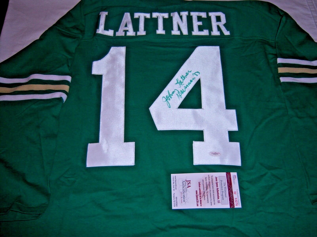 Signed Johnny Lattner Notre Dame Heisman 53 Jersey With JSA COA: Signed Johnny Lattner Notre Dame Heisman 53 Jersey With JSA COA This pre-owned green Notre Dame Fighting Irish jersey features the autograph of Johnny Lattner, the 1953 Heisman Trophy winner. The jers