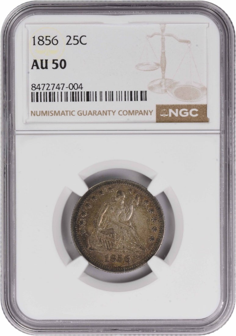 NGC AU50 1856 Seated Liberty 25C Silver Quarter: NGC AU50 1856 Seated Liberty 25C Silver Quarter 1856 Liberty Seated Silver Quarter certified by NGC and graded AU50. This circulated United States coin features the Seated Liberty design and is compos