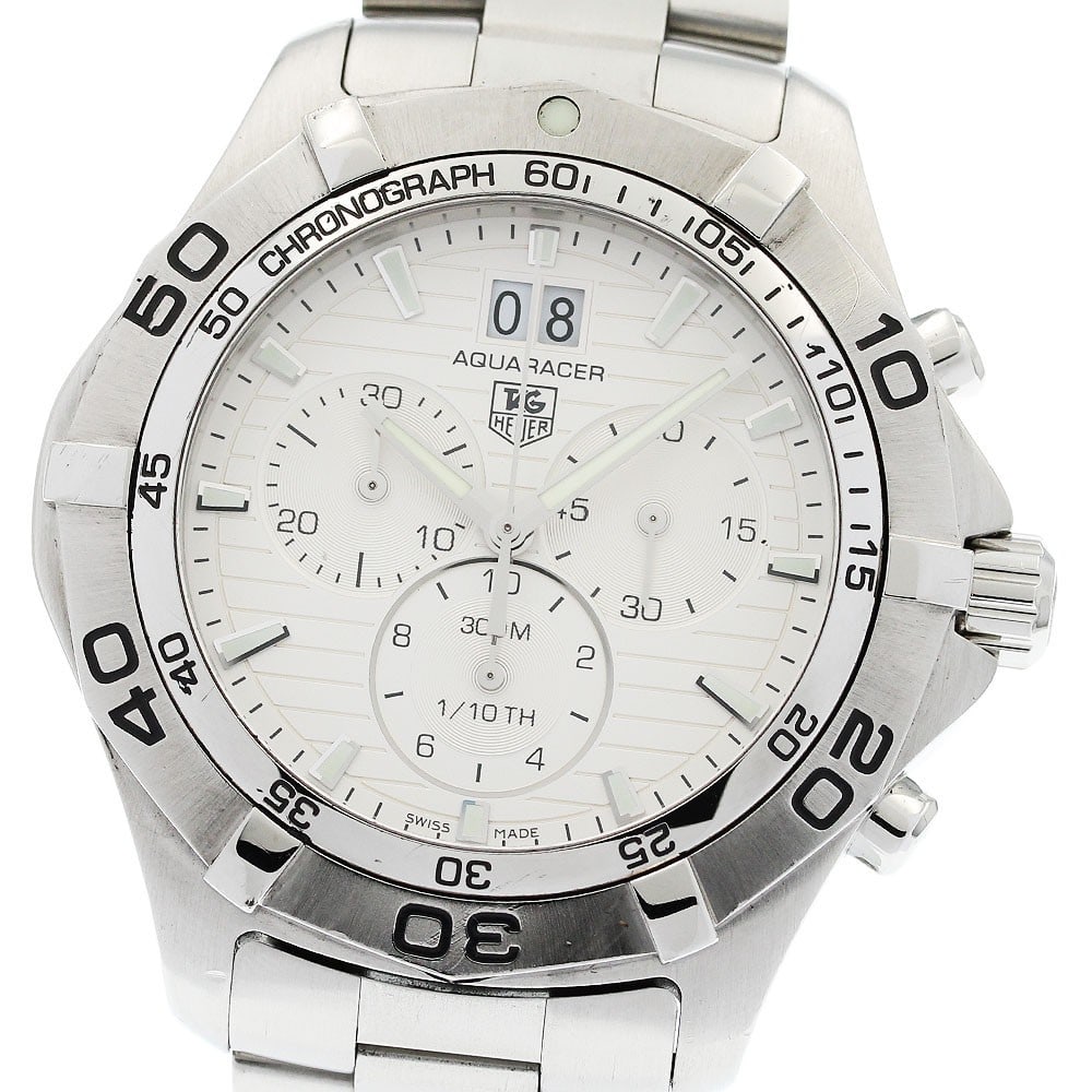 TAG Heuer Aquaracer Quartz Chronograph Men's Stainless Steel Watch CAF101F: TAG Heuer Aquaracer Quartz Chronograph Men's Stainless Steel Watch CAF101F This TAG Heuer Aquaracer Date Chronograph Quartz men's wristwatch features a stainless steel case and bracelet with a silver 