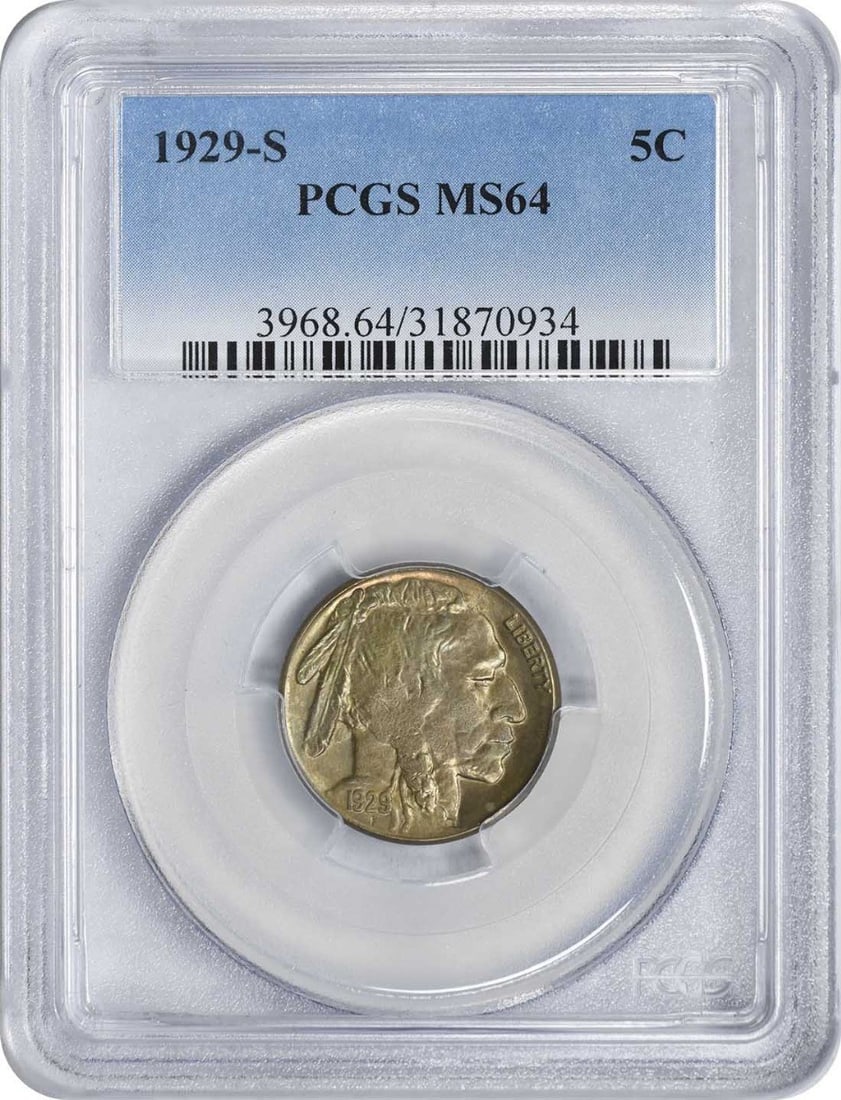 PCGS MS64 1929-S Buffalo Nickel RPM 1: PCGS MS64 1929-S Buffalo Nickel RPM 1 This is a 1929-S/S Buffalo Nickel, RPM 1, graded MS64 by PCGS. The coin is uncirculated and composed of nickel. It features the classic Buffalo design and origina