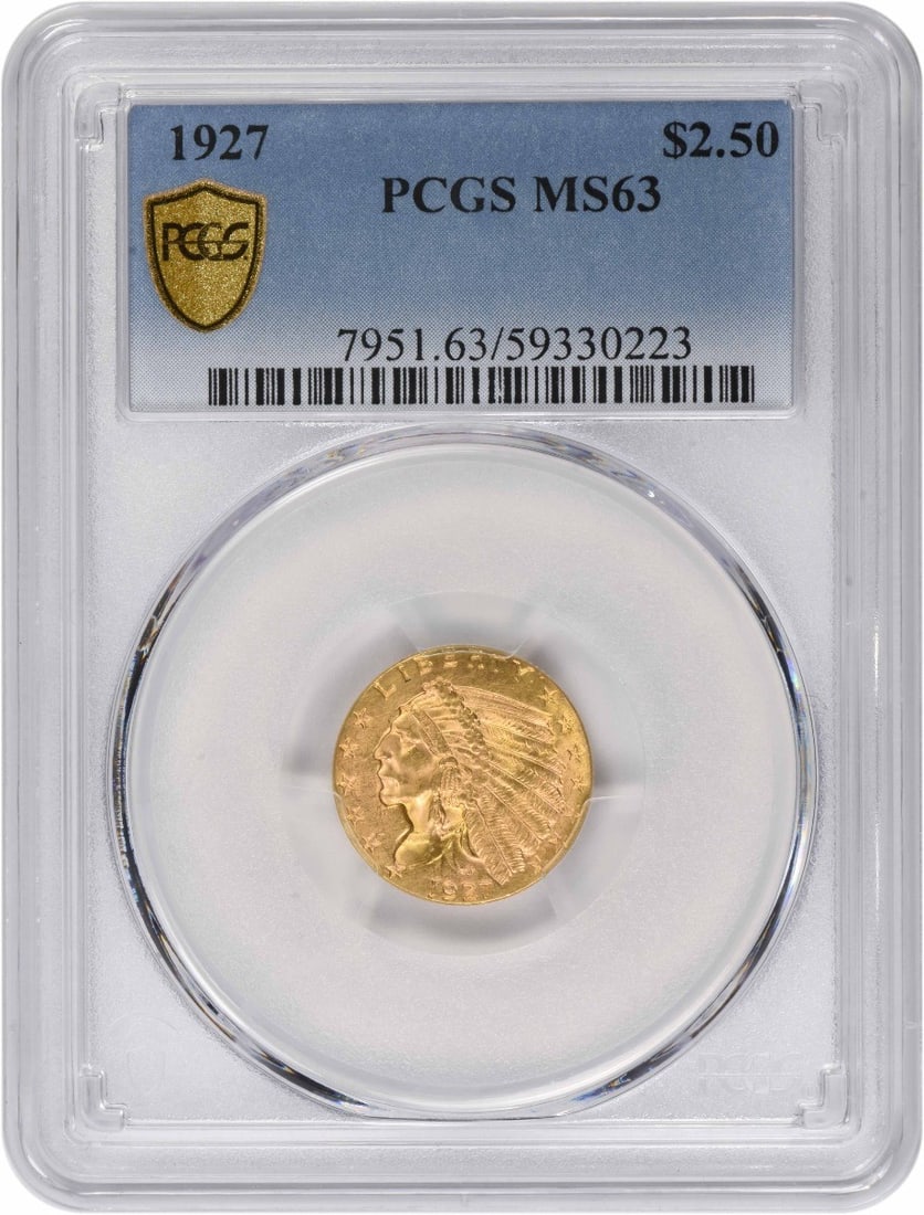 PCGS MS63 1927 Indian Head $2.50 Gold Coin: PCGS MS63 1927 Indian Head $2.50 Gold Coin This 1927 $2.50 Gold Indian coin is graded MS63 by PCGS, indicating a choice uncirculated condition. Struck in gold, this pre-1933 United States coin feature