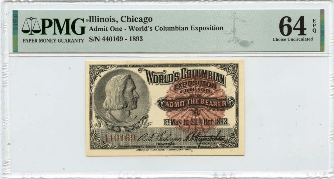 1893 Chicago Columbus Admission Ticket PMG Certified MS64: 1893 Chicago Columbus Admission Ticket PMG Certified MS64 This is an 1893 Illinois Chicago Columbus Admit One piece, certified by PMG with a grade of MS64. It originates from the United States and is 