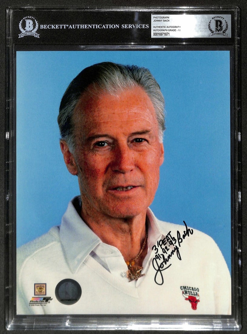 Johnny Bach Signed 8x10 Photo 3-Peat Chicago Bulls AUTO 10 Beckett: Johnny Bach Signed 8x10 Photo 3-Peat Chicago Bulls AUTO 10 Beckett This is a rare autographed 8x10 photograph of Johnny Bach, the former NBA and NCAA head coach and Chicago Bulls assistant coach, who 