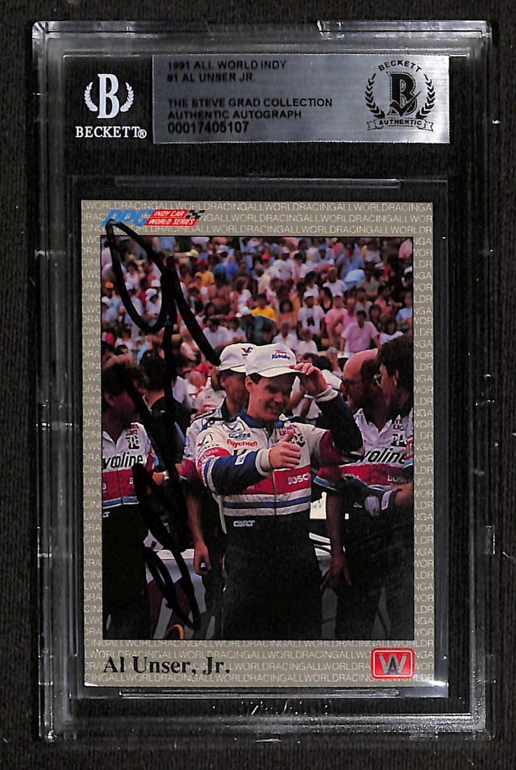 1991 All World Indy Card Signed by Al Unser Jr Beckett Authenticated: 1991 All World Indy Card Signed by Al Unser Jr Beckett Authenticated This is an original 1991 All World Indy #1 sports trading card personally signed by F1 driver Al Unser Jr. The card is autographed 