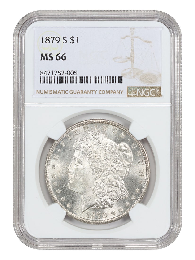 NGC MS66 1879-S Morgan Dollar $1 Uncirculated Coin: NGC MS66 1879-S Morgan Dollar $1 Uncirculated Coin 1879-S Morgan Dollar $1 certified by NGC as MS66. The coin is dated 1879 and was struck at the San Francisco Mint. It is described as uncirculated an