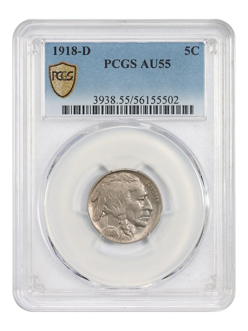PCGS AU55 1918-D Buffalo Nickel 5C: PCGS AU55 1918-D Buffalo Nickel 5C 1918-D Buffalo Nickel graded AU55 by PCGS. This circulated 5C coin was minted in Denver and is part of the Buffalo Nickel series. Condition is pre-owned. Specificati