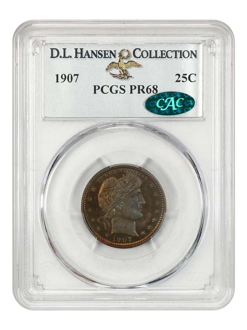 1907 Barber Quarter 25C PR68 PCGS CAC Low Mintage Proof: 1907 Barber Quarter 25C PR68 PCGS CAC Low Mintage Proof 1907 Barber Quarter graded PR68 by PCGS and CAC approved, with certification number 3186111. This uncirculated proof coin is from the Philadelph