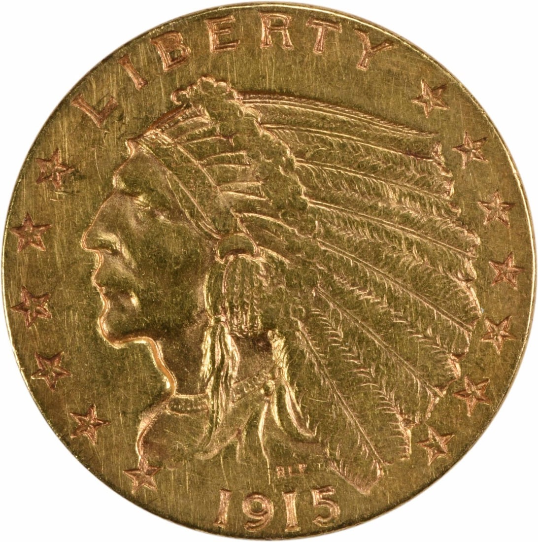 1915 $2.50 Gold Indian Coin AU Bela Lyon Pratt Design: 1915 $2.50 Gold Indian Coin AU Bela Lyon Pratt Design This 1915 $2.50 Gold Indian coin showcases the artistry of designer Bela Lyon Pratt, featuring a striking design that captivates collectors. With 