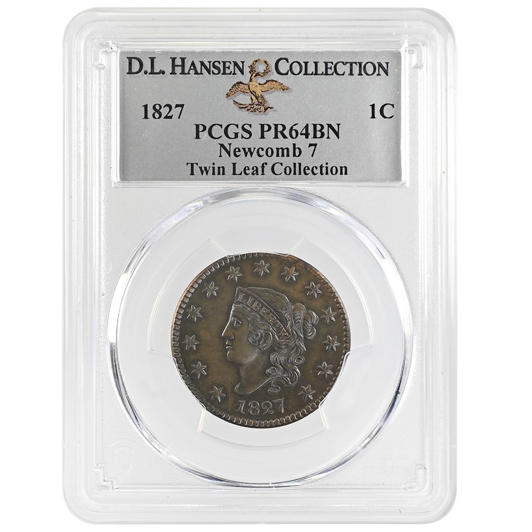 1827 PCGS PR64BN Coronet Head Copper Proof Cent: 1827 PCGS PR64BN Coronet Head Copper Proof Cent This is an 1827 Coronet Head Cent, graded PR64BN by PCGS. Struck in proof quality at the Philadelphia Mint, this rare copper coin is uncirculated and co