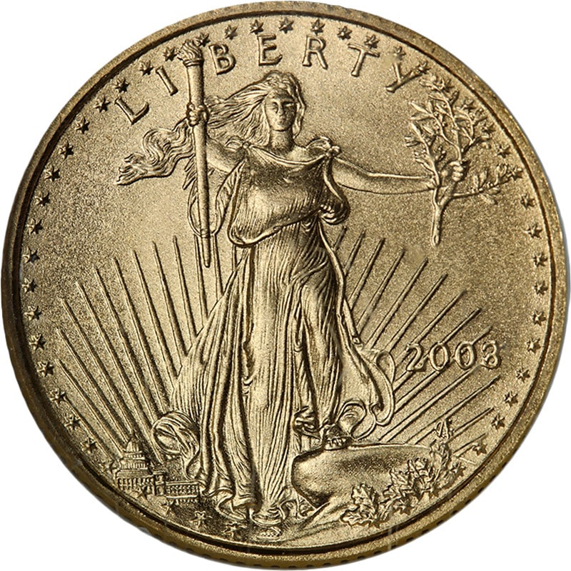 NGC MS70 2003 $5 Gold American Eagle Coin Brown Label: NGC MS70 2003 $5 Gold American Eagle Coin Brown Label 2003 Gold American Eagle $5 graded NGC MS70 with Brown Label. This uncirculated coin is composed of gold with a fineness of 0.9167 and was issued 