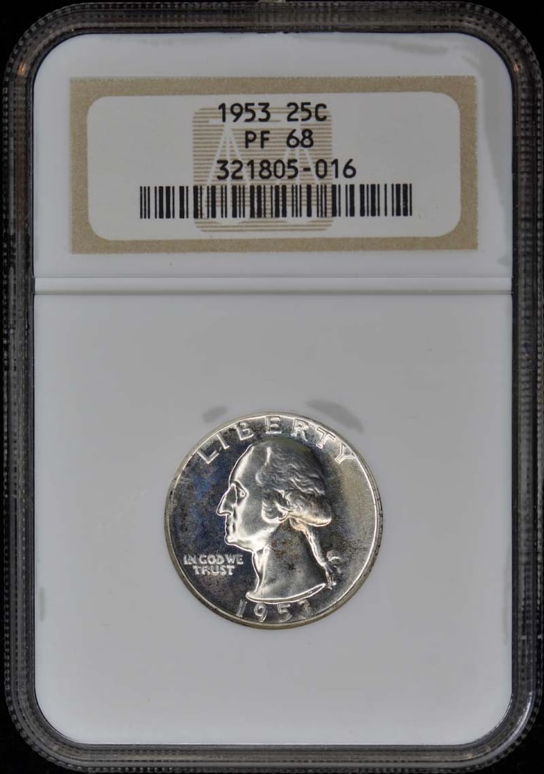1953 Washington Quarter NGC PR68 Proof Philadelphia Mint: 1953 Washington Quarter NGC PR68 Proof Philadelphia Mint This 1953 Washington Quarter is certified by NGC with a grade of PR68, indicating its exceptional quality. The coin is uncirculated and was str