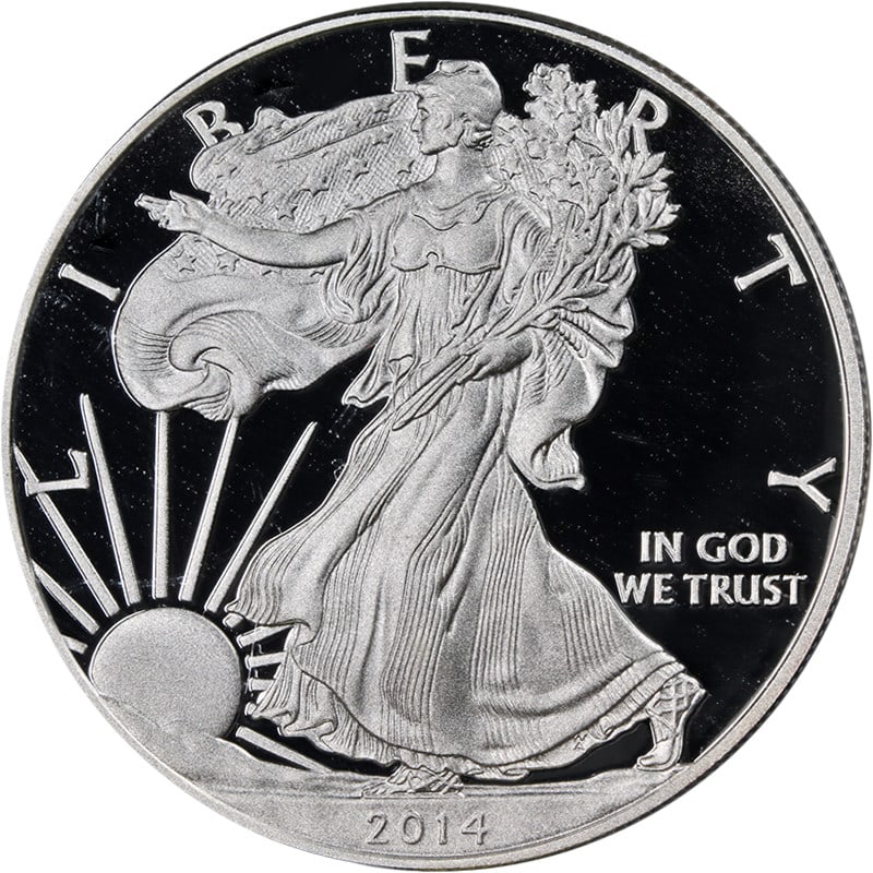 ANACS PF70 DCAM 2014-W Silver American Eagle Dollar Coin: ANACS PF70 DCAM 2014-W Silver American Eagle Dollar Coin This 2014-W Silver American Eagle $1 coin is certified by ANACS with a perfect grade of PF70 DCAM. Struck at the West Point Mint, it is compose
