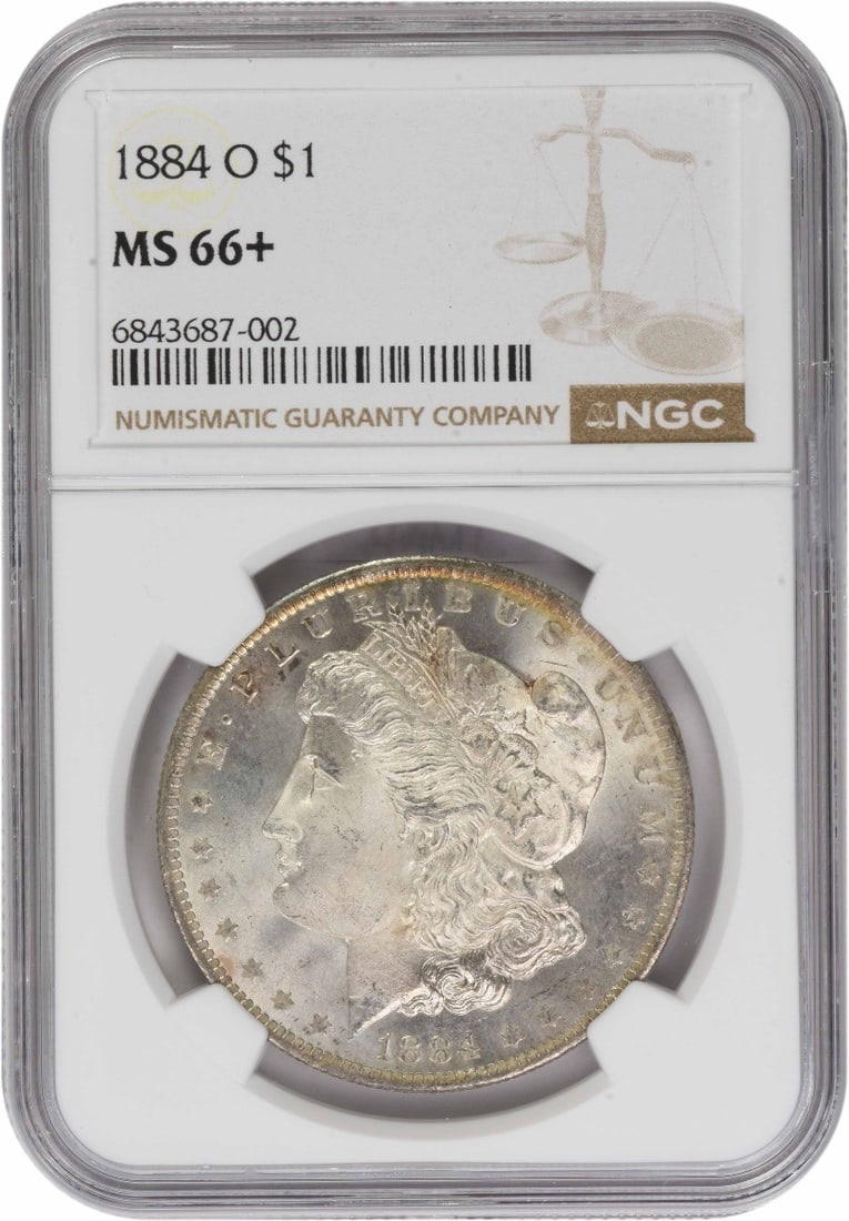 NGC MS66 Plus 1884-O Morgan Dollar 90 Percent Silver New Orleans Mint: NGC MS66 Plus 1884-O Morgan Dollar 90 Percent Silver New Orleans Mint This is an 1884-O Morgan Silver Dollar graded MS66+ by NGC. Struck at the New Orleans Mint, this uncirculated coin features a comp