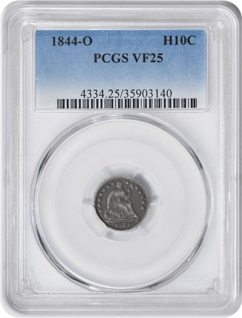 PCGS VF25 1844-O Seated Half Dime Silver Coin: PCGS VF25 1844-O Seated Half Dime Silver Coin This 1844-O Liberty Seated Silver Half Dime is a circulated coin certified by PCGS. Minted in New Orleans, it features the classic Seated Liberty design a
