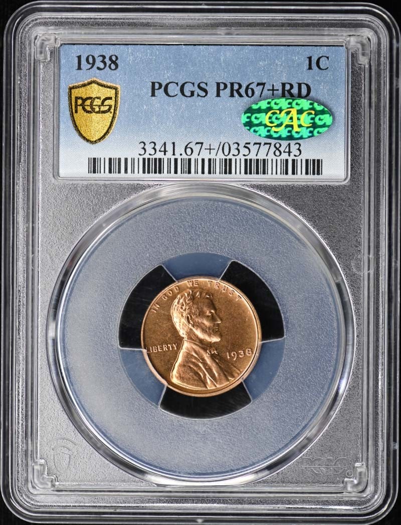 1938 Lincoln Wheat Cent PCGS PR67+RD CAC Proof: 1938 Lincoln Wheat Cent PCGS PR67+RD CAC Proof This 1938 Lincoln Cent features a Type 1 Wheat Reverse and has been graded PR67+ Red (RD) by PCGS, with an additional CAC designation. It is a proof stri