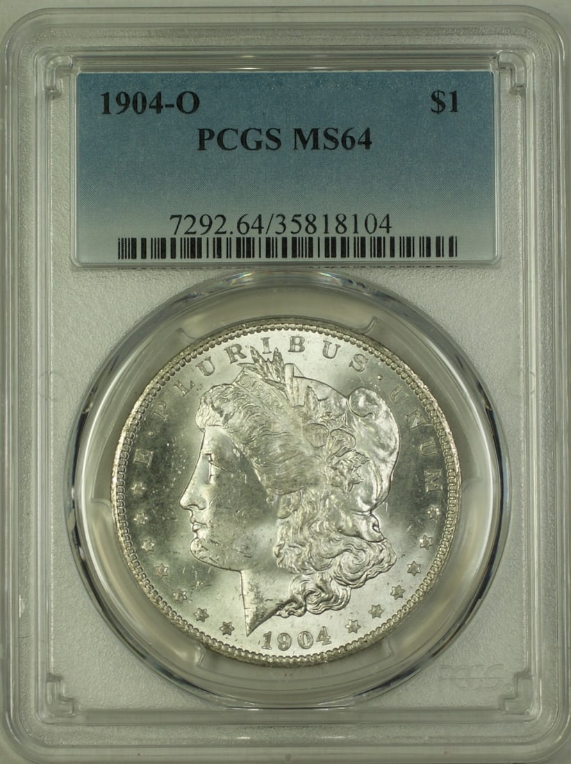 PCGS MS64 1904 O Morgan Dollar Silver Coin: PCGS MS64 1904 O Morgan Dollar Silver Coin This is a 1904-O Morgan Silver Dollar $1 coin, certified by PCGS with a grade of MS-64. Minted in New Orleans, this uncirculated coin is composed of silver a