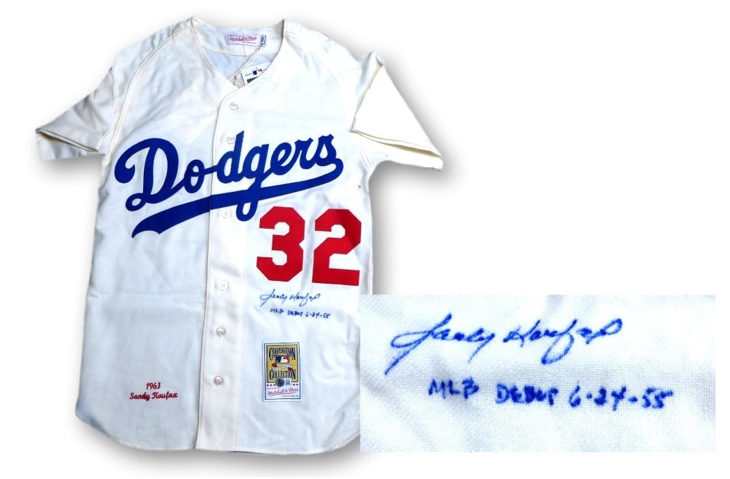 Sandy Koufax Signed Dodgers Jersey with MLB Debut Inscription BAS: Sandy Koufax Signed Dodgers Jersey with MLB Debut Inscription BAS This is a rare, original 1963 Mitchell & Ness jersey signed by Hall of Famer Sandy Koufax, celebrating his MLB debut on June 24, 1955.