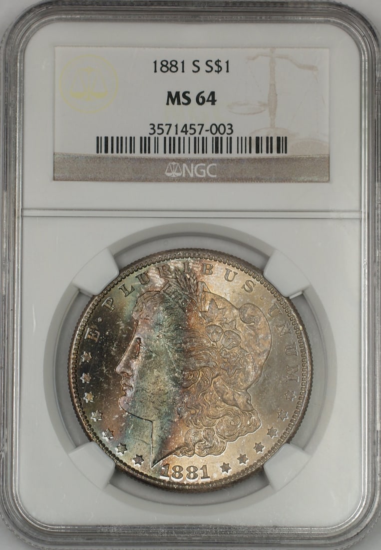 NGC MS64 1881-S San Francisco Morgan Silver Dollar with Attractive Toning: NGC MS64 1881-S San Francisco Morgan Silver Dollar with Attractive Toning This 1881-S Morgan Silver Dollar is a beautifully toned $1 coin certified by NGC with a grade of MS 64. Minted in San Francisc