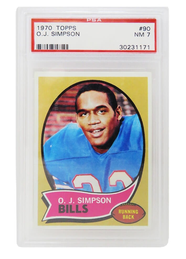 O.J. Simpson 1970 Topps Football RC #90 PSA 7 Buffalo Bills Card: O.J. Simpson 1970 Topps Football RC #90 PSA 7 Buffalo Bills Card This listing features an O.J. Simpson rookie card from the 1970 Topps Football set, showcasing the legendary player in his Buffalo Bill