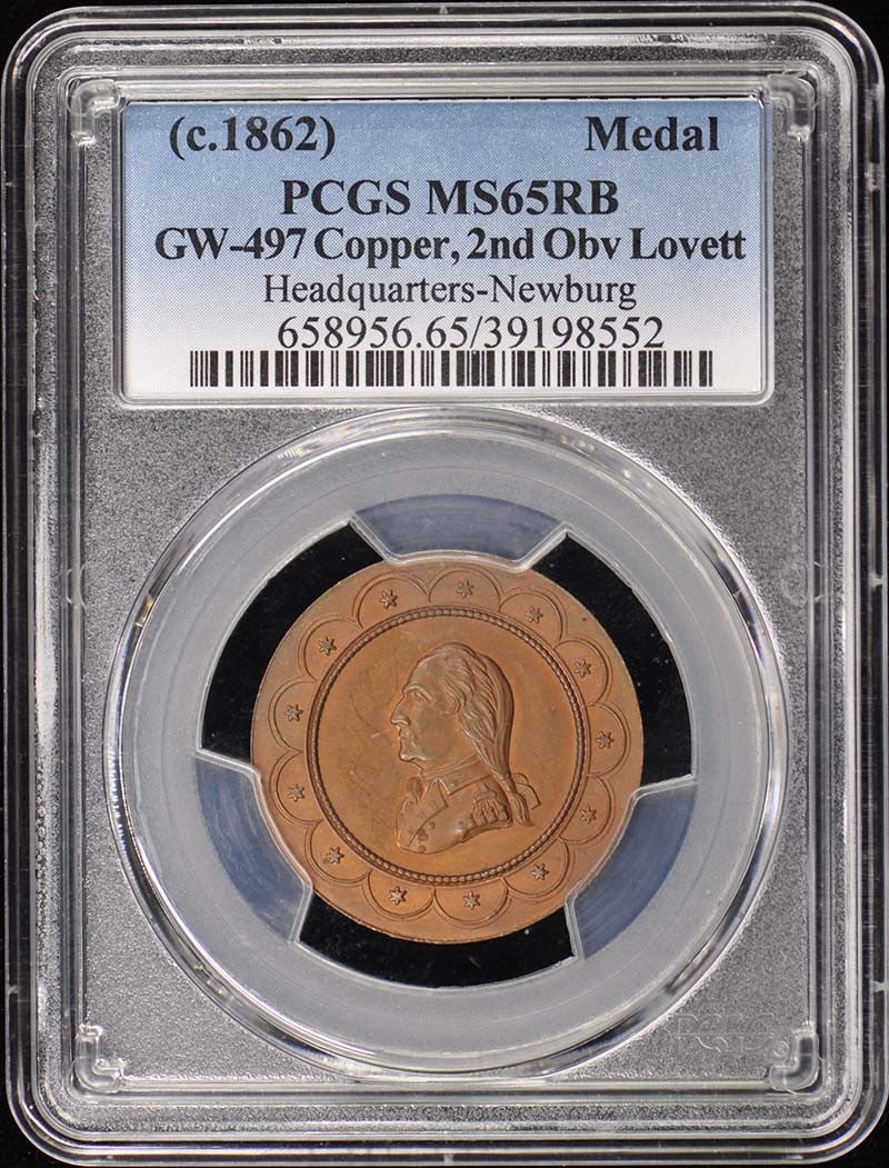 PCGS MS65RB 1862 GW-497 Copper Newburg Medal: PCGS MS65RB 1862 GW-497 Copper Newburg Medal This is an 1862 GW-497 Copper Headquarters Newburg medal, graded MS65RB by PCGS. The medal is composed of copper and remains in uncirculated, pre-owned con