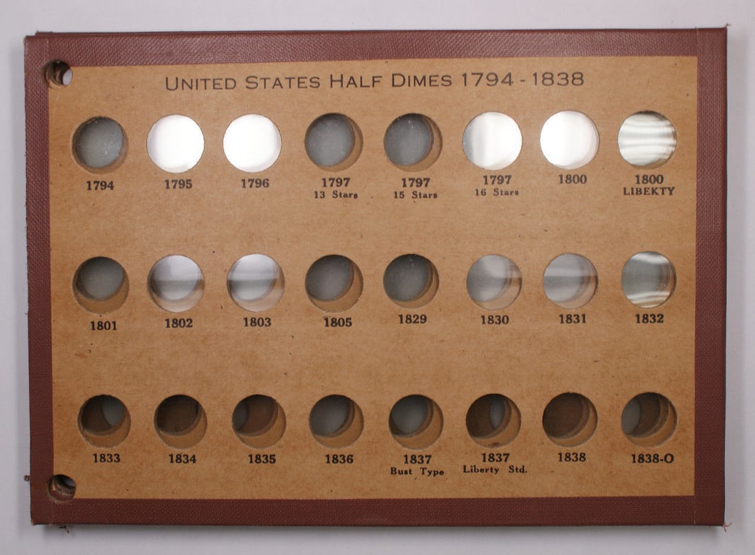 Vintage Coin Album for US Half Dimes 1794 to 1873 Empty Set: Vintage Coin Album for US Half Dimes 1794 to 1873 Empty Set This is a vintage National coin album designed to hold a set of US half dimes from 1794 to 1873. The album is empty and suitable for collect