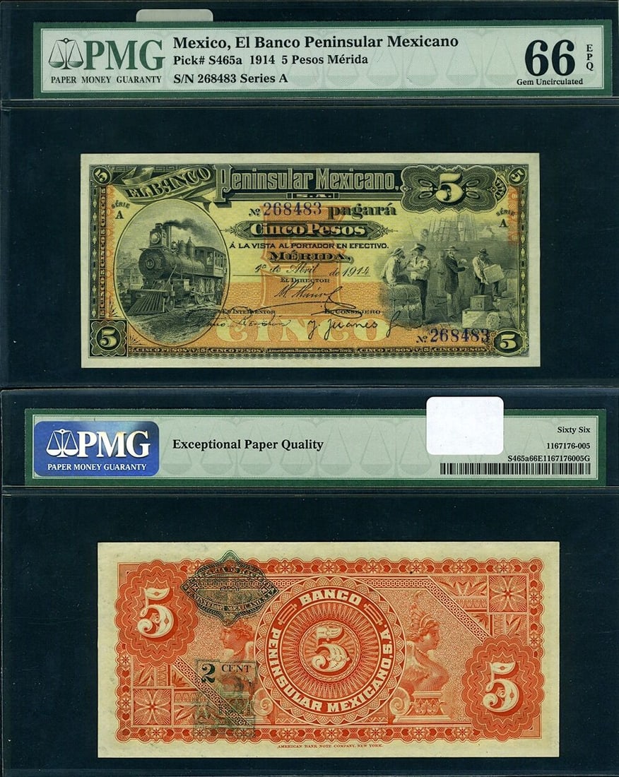 1914 Mexico 5 Pesos El Banco Peninsular Mexicano P# 5465a PMG Gem CU66EPQ: 1914 Mexico 5 Pesos El Banco Peninsular Mexicano P# 5465a PMG Gem CU66EPQ This is a Mexico El Banco Peninsular Mexicano 5 Pesos note dated 1914. It is certified by PMG and graded Gem CU66EPQ. The note