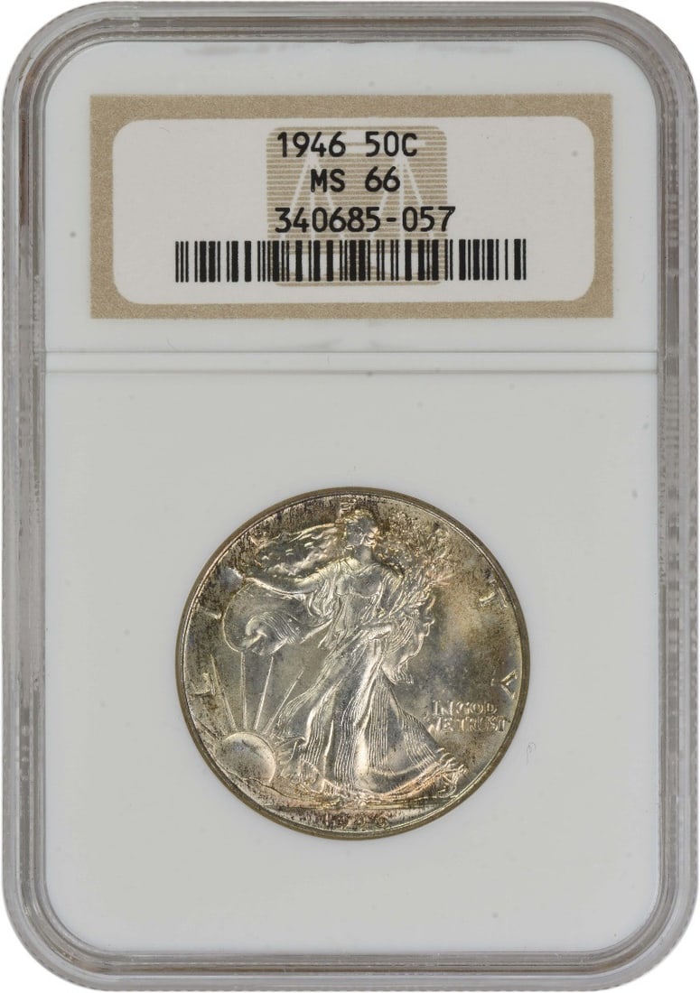 MS66 NGC 1946 Liberty Walking Half Dollar 90 Percent Silver Coin: MS66 NGC 1946 Liberty Walking Half Dollar 90 Percent Silver Coin This 1946 Walking Liberty Half Dollar is an uncirculated coin graded MS66 by NGC. Struck at the Philadelphia Mint with no mint mark, it